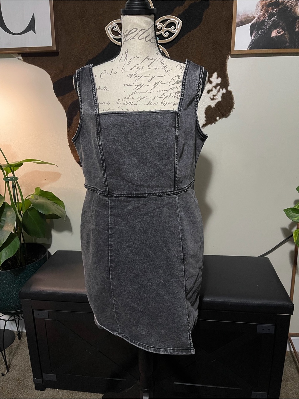 No Boundaries Washed Black Square-Neck Denim Mini Dress